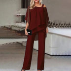 Rhea | Conjunto Feminino Dois Peças | Off-Shoulder, Calça Ajustada | Poliéster