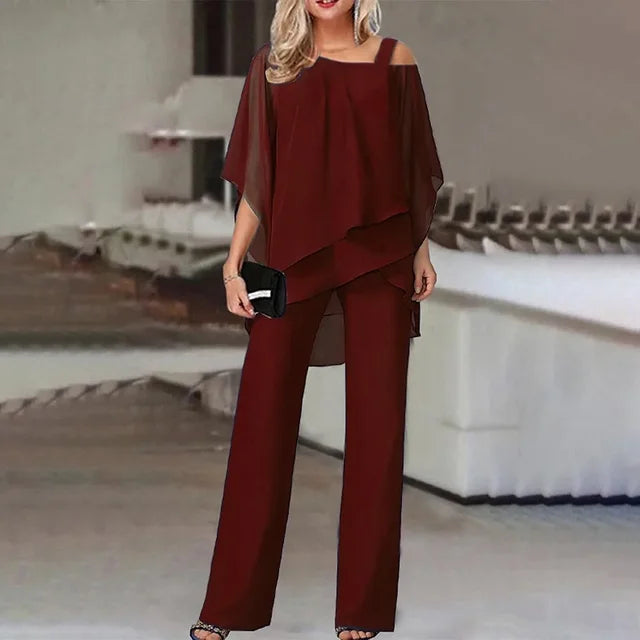 Rhea | Conjunto Feminino Dois Peças | Off-Shoulder, Calça Ajustada | Poliéster