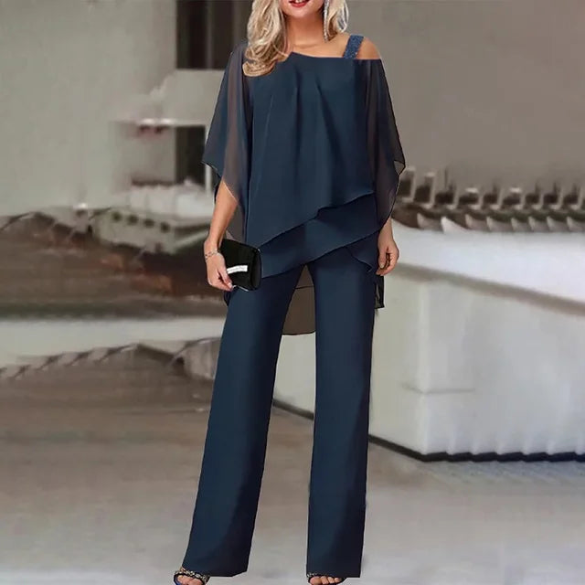 Rhea | Conjunto Feminino Dois Peças | Off-Shoulder, Calça Ajustada | Poliéster