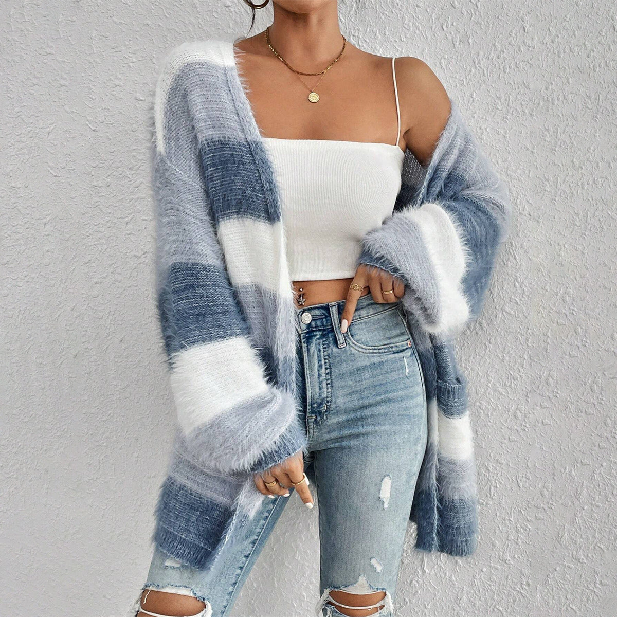 Maren | Mulher Cardigan Oversized Listrado Manga Longa