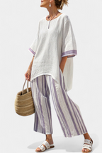Nora | Conjunto Feminino Blusa Longa e Calça Listrada Perna Larga