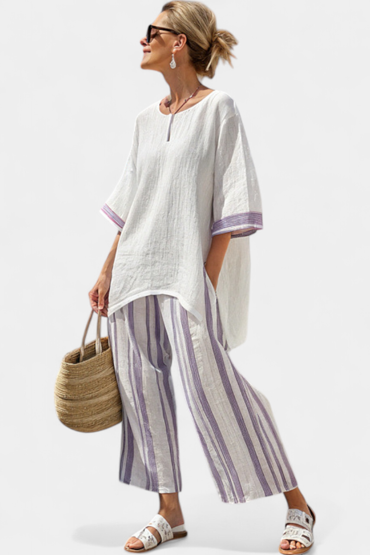 Nora | Conjunto Feminino Blusa Longa e Calça Listrada Perna Larga