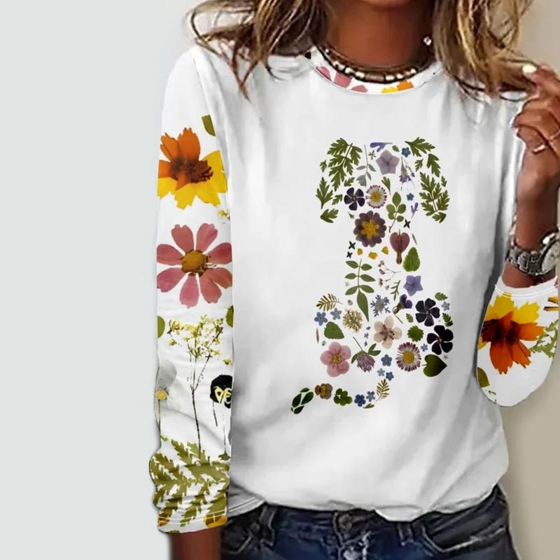 Halcyon | Camisa Feminina Floral Manga Longa Gola Redonda