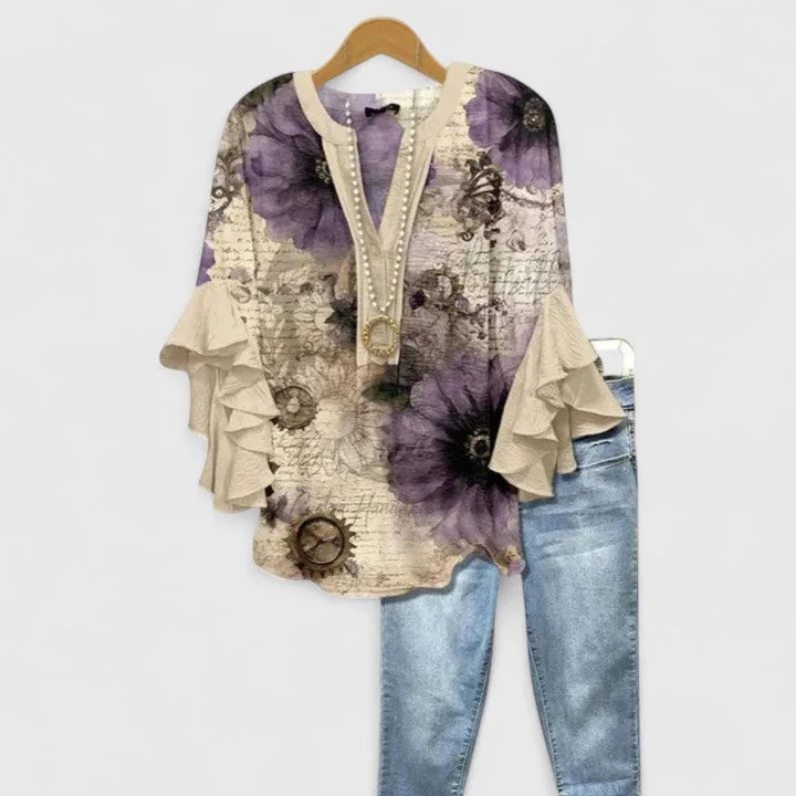 Amara | Blusa Feminina Floral Mangas 3/4 com Babados