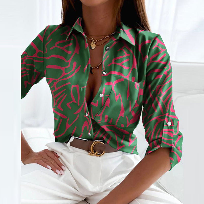 Sage | Blusa Feminina Cetim Estampada Gola Solapa Manga Longa