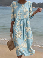 Vianne | Vestido Midi Bordado Floral Linho Algodão Mangas Três Quartos