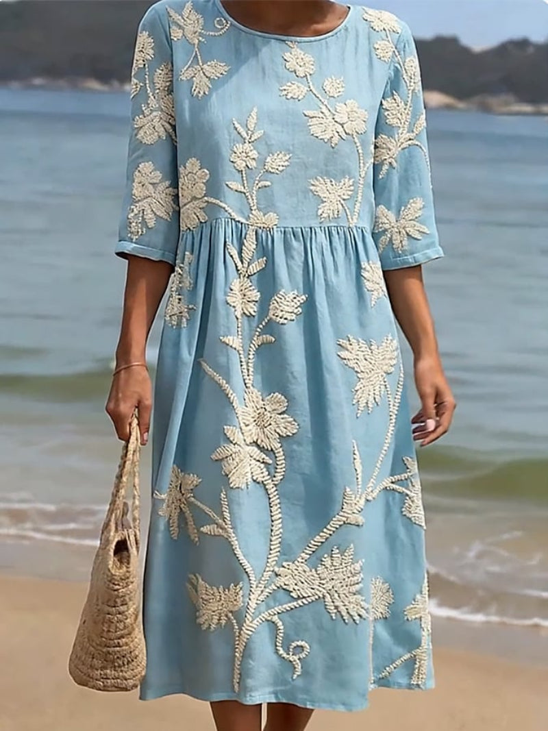Vianne | Vestido Midi Bordado Floral Linho Algodão Mangas Três Quartos