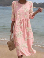 Vianne | Vestido Midi Bordado Floral Linho Algodão Mangas Três Quartos