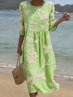 Vianne | Vestido Midi Bordado Floral Linho Algodão Mangas Três Quartos