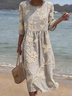 Vianne | Vestido Midi Bordado Floral Linho Algodão Mangas Três Quartos