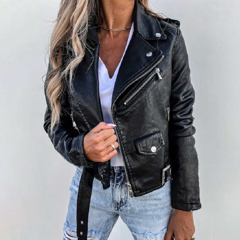 Mulher Jaqueta Biker Colarinho com Lapela
