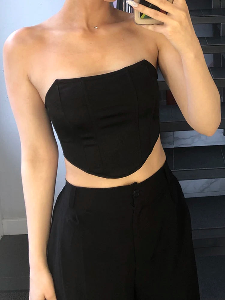 Top Curto Feminino | Sem Mangas, Decote Ombro | Espartilho Sensual