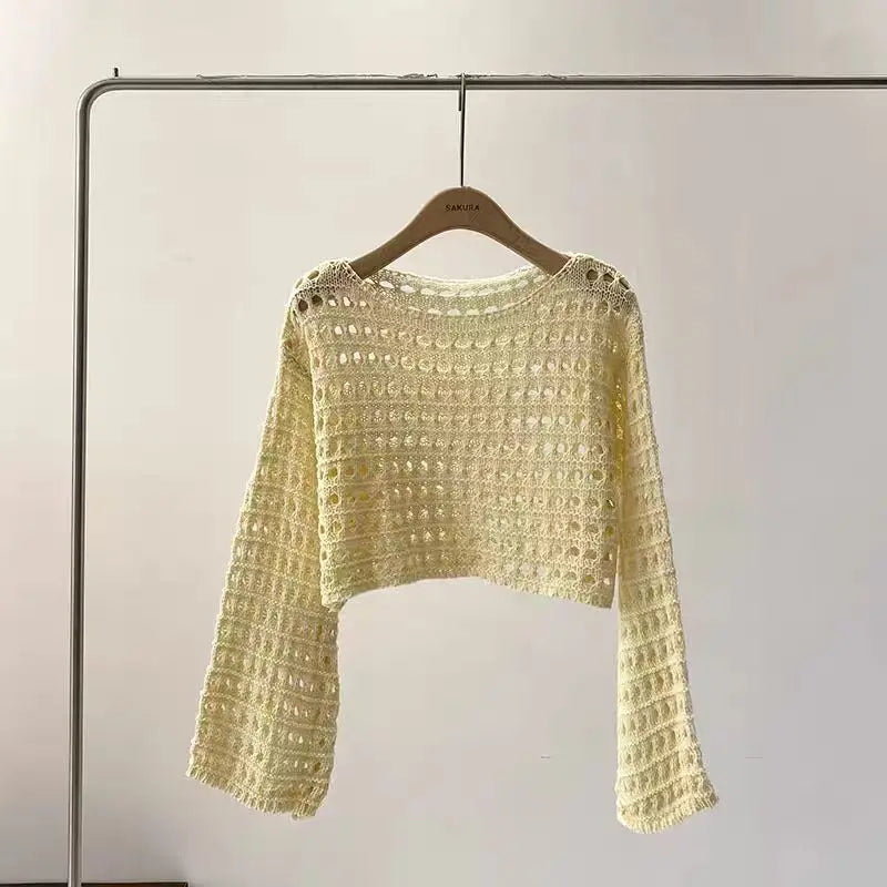 Blusa Tricô Croché | Manga Longa, Cobertura Praia Boho