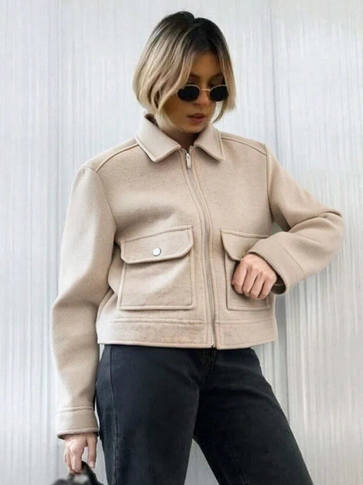 Jaqueta Feminina | Inverno Quente | Zíper, Bolsos, Mangas Longas