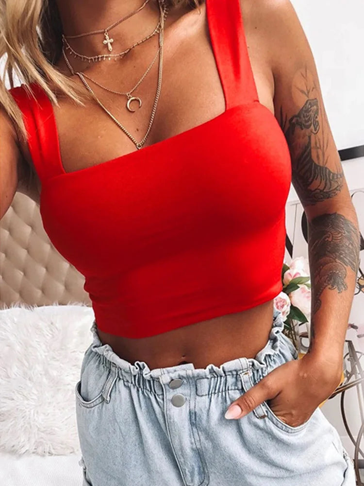 Blusa Cropped Verão | Decote Quadrado, Sem Mangas | Feminino Casual