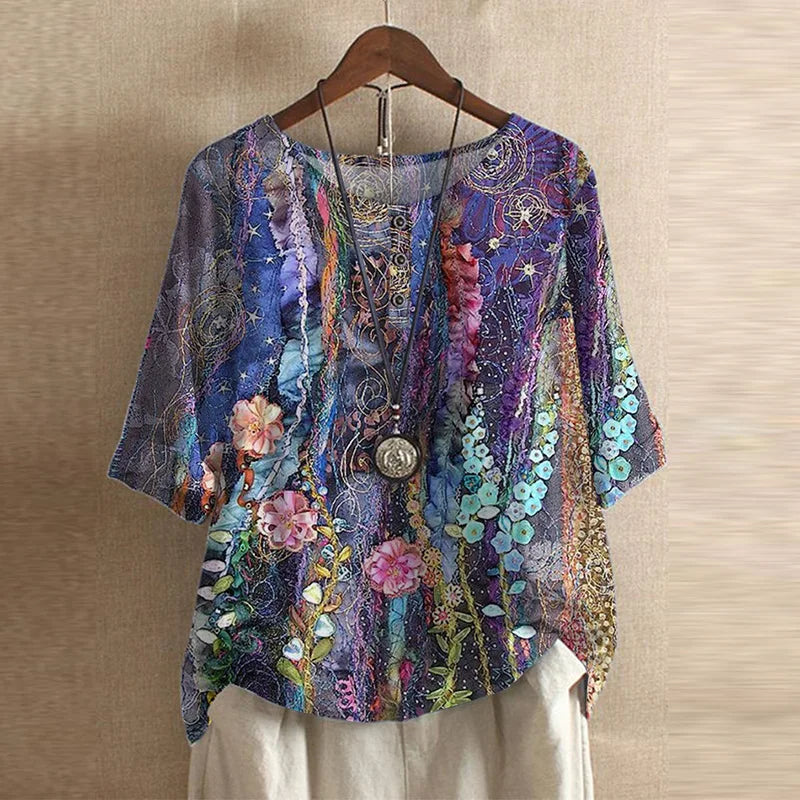 Luna | Blusa Feminina Floral Vintage Gola Redonda Manga Três Quartos