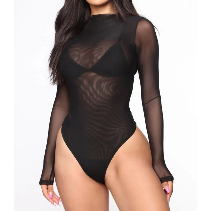 Kestrel | Body Feminino em Rede | Gola Alta, Manga Longa | Transparente, Nude