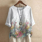 Luna | Blusa Feminina Floral Vintage Gola Redonda Manga Três Quartos