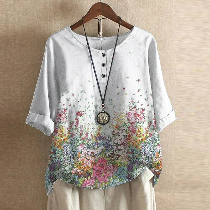 Luna | Blusa Feminina Floral Vintage Gola Redonda Manga Três Quartos