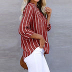 Esma | Camisa Feminina Algodão Listrada Decote V Relaxed Fit