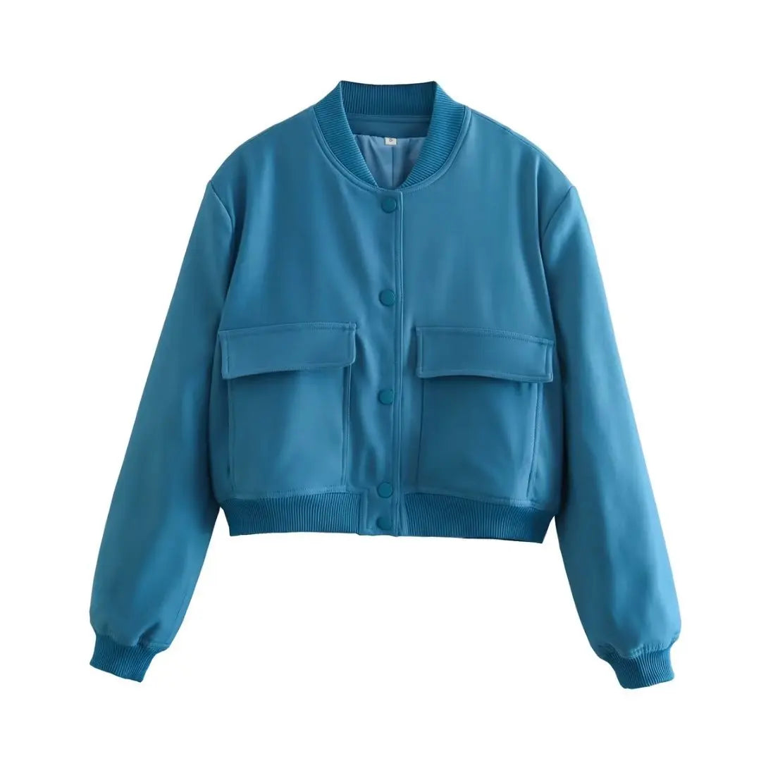 Jaqueta Bomber Feminina | Decote em V, Mangas Longas | Bolsos Práticos