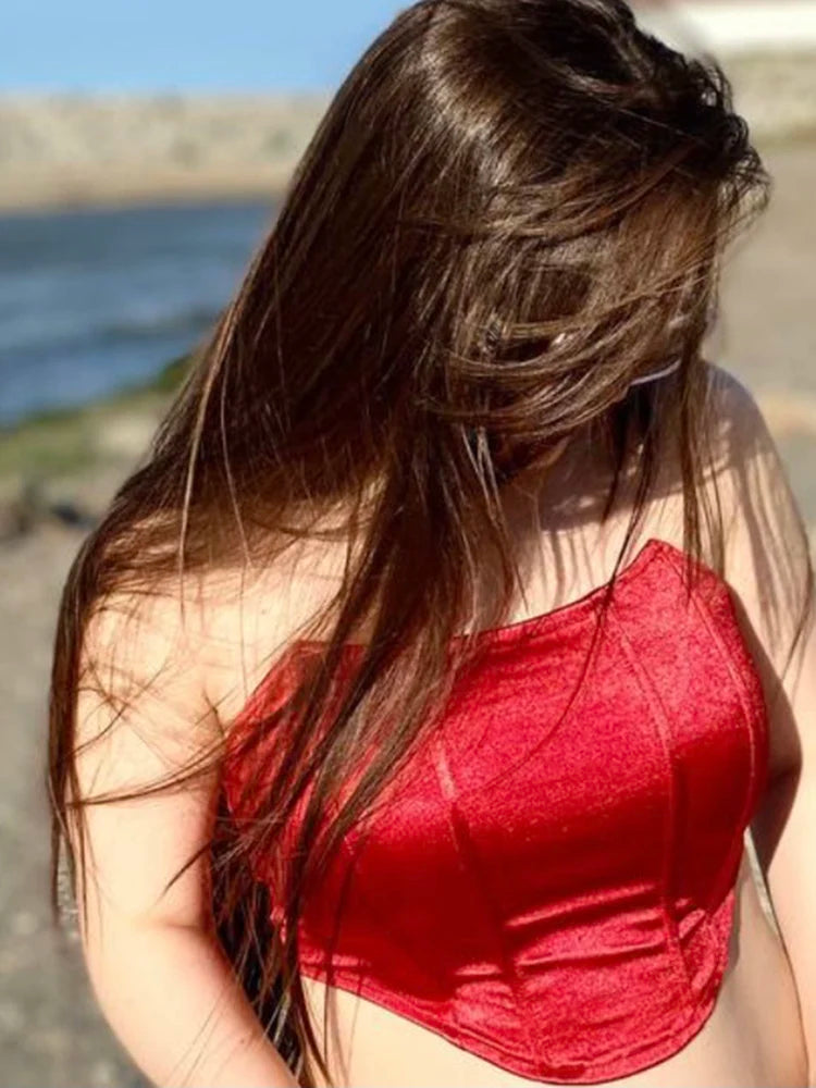 Top Curto Feminino | Sem Mangas, Decote Ombro | Espartilho Sensual