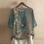 Luna | Blusa Feminina Floral Vintage Gola Redonda Manga Três Quartos