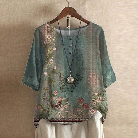 Luna | Blusa Feminina Floral Vintage Gola Redonda Manga Três Quartos