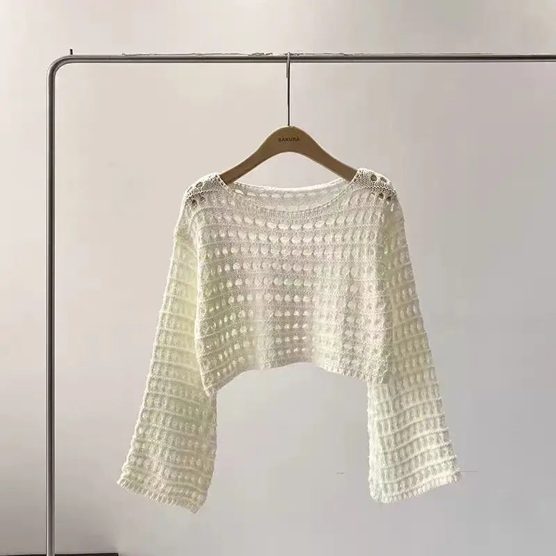 Blusa Tricô Croché | Manga Longa, Cobertura Praia Boho