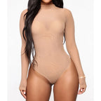 Kestrel | Body Feminino em Rede | Gola Alta, Manga Longa | Transparente, Nude