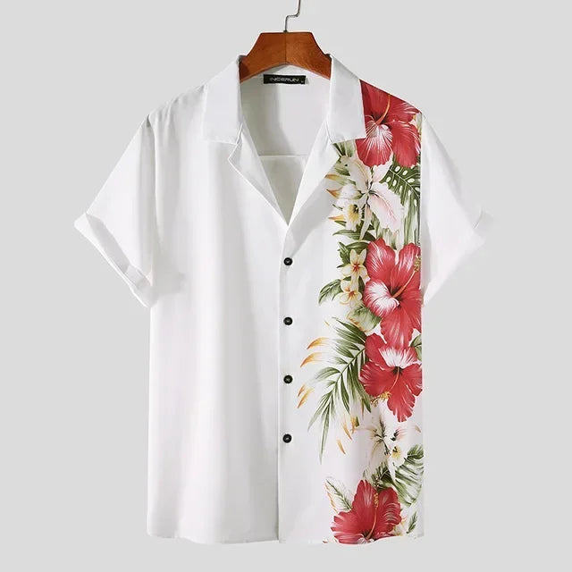 Perla | Camisa Masculina Havaiana Linho Floral Manga Curta