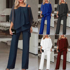 Rhea | Conjunto Feminino Dois Peças | Off-Shoulder, Calça Ajustada | Poliéster