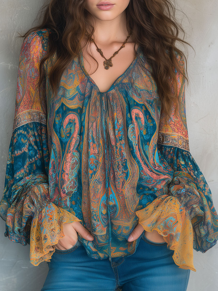 Soraya | Blusa Feminina Estampada Paisley Decote V Mangas Longas