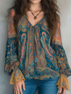 Soraya | Blusa Feminina Estampada Paisley Decote V Mangas Longas