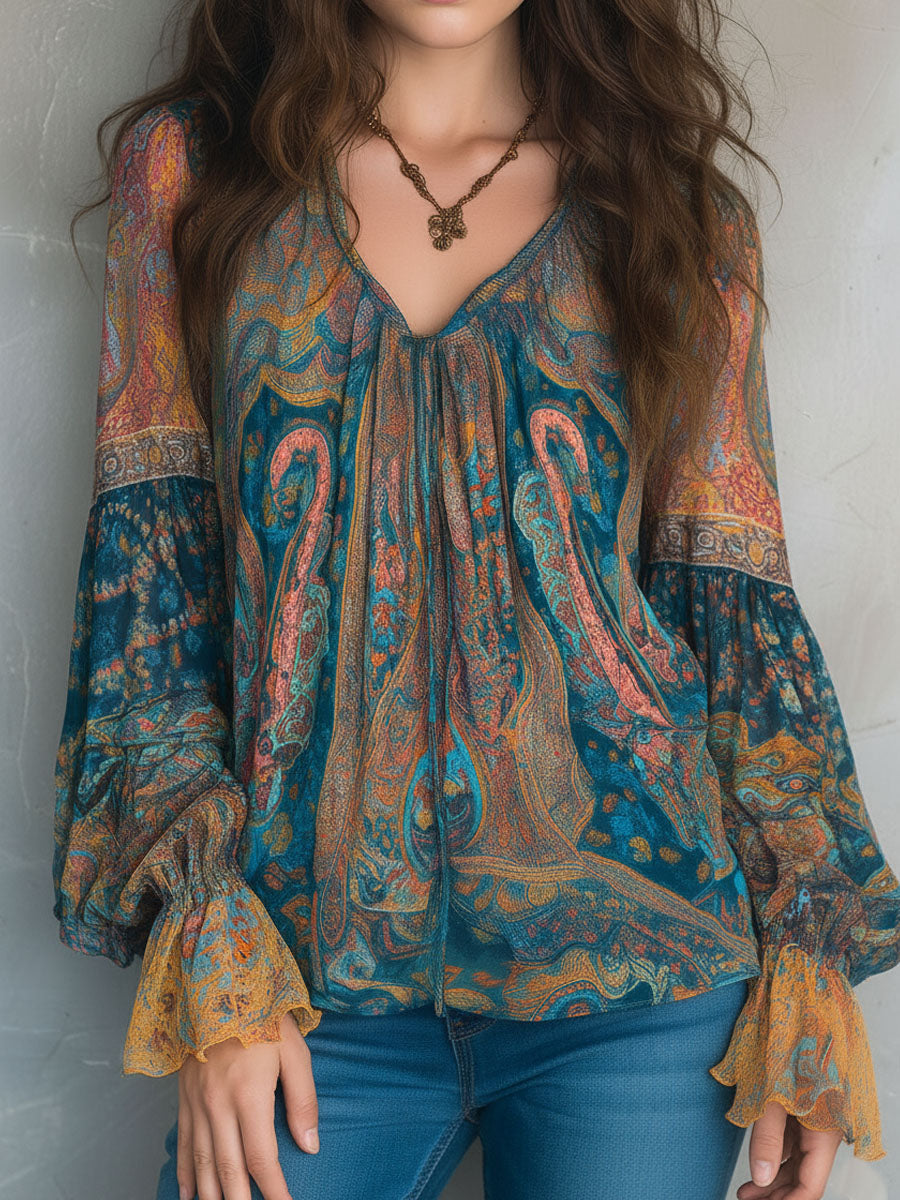 Soraya | Blusa Feminina Estampada Paisley Decote V Mangas Longas