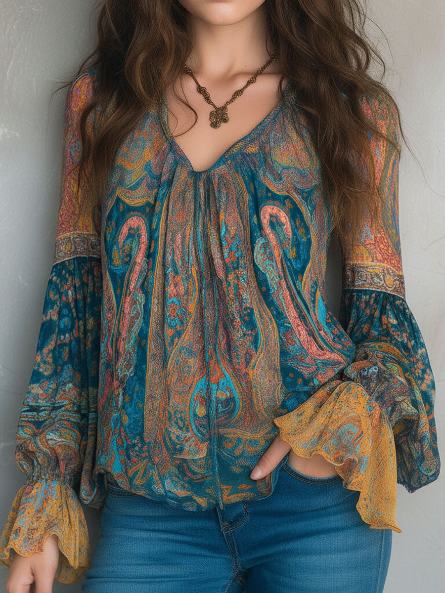 Soraya | Blusa Feminina Estampada Paisley Decote V Mangas Longas