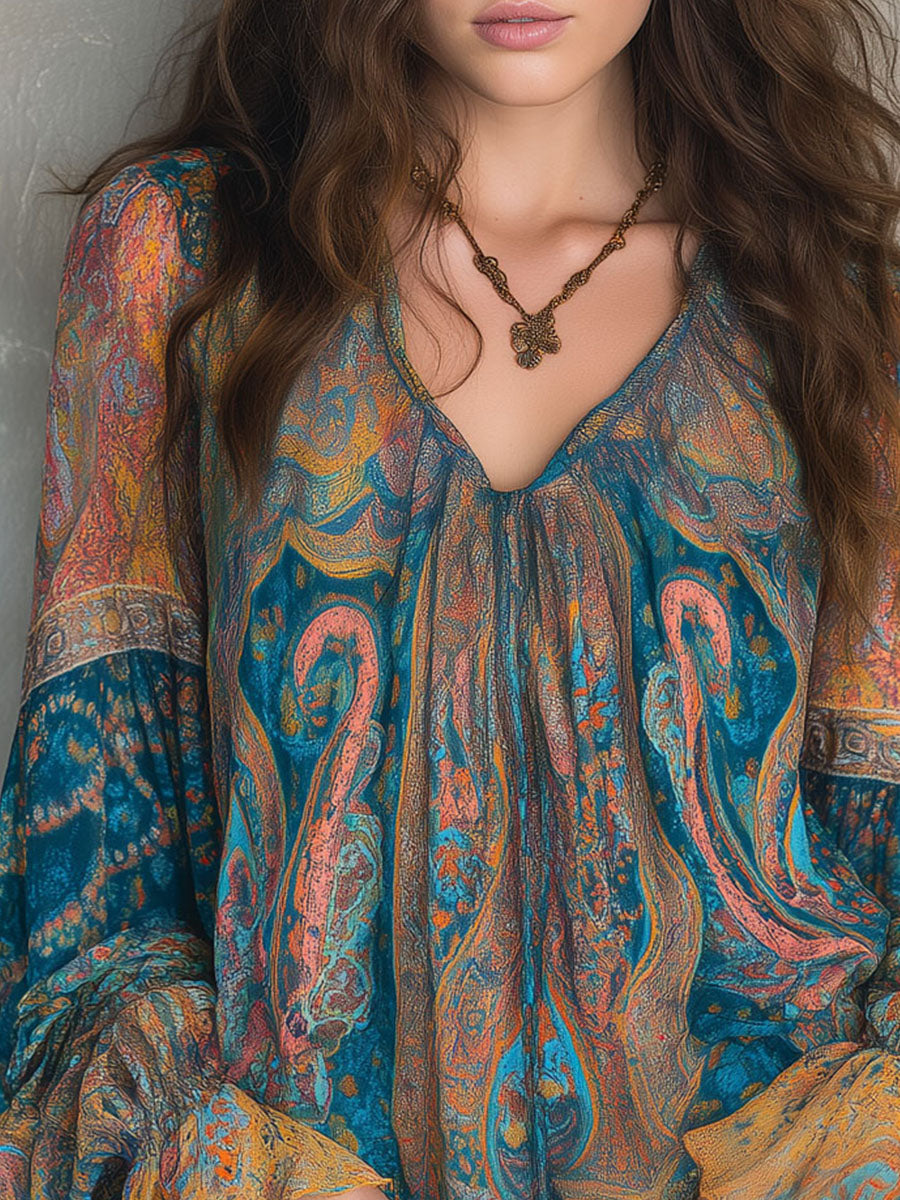 Soraya | Blusa Feminina Estampada Paisley Decote V Mangas Longas