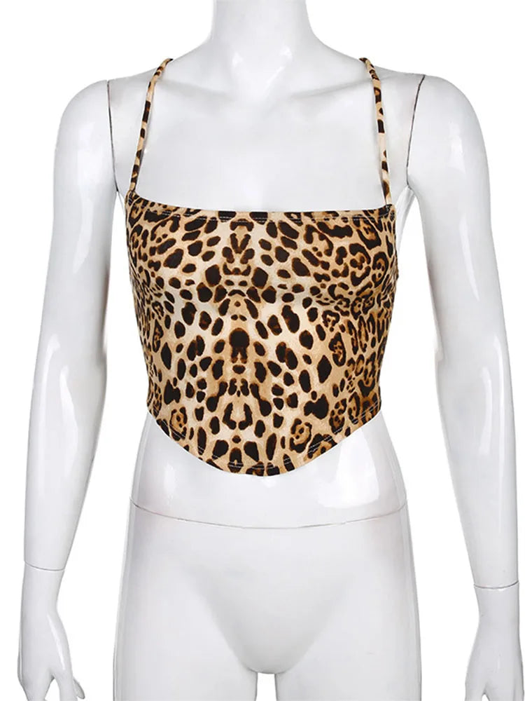 Top Cropped com Padrão Leopardo | Mulher, Sem Mangas, Costas Abertas