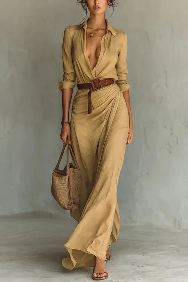 Aria | Vestido Maxi Wrap Manga Longa Decote V Feminino