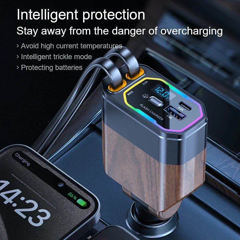 Linnea | Carregador Veicular 4 em 1 | 120W, USB-C, Retrátil | Adaptador Isqueiro