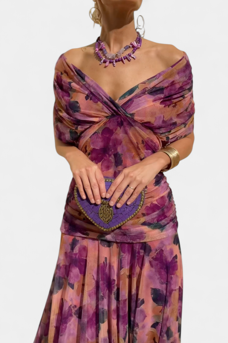 Selene | Vestido Floral Feminino Decote V Saia Longa