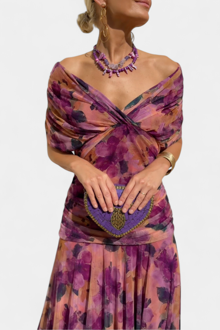 Selene | Vestido Floral Feminino Decote V Saia Longa