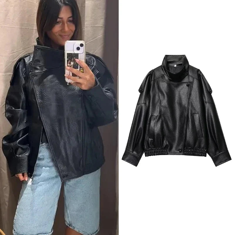 Jaqueta Feminina | Couro Sintético Preto, Oversized Streetwear