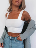 Blusa Cropped Verão | Decote Quadrado, Sem Mangas | Feminino Casual
