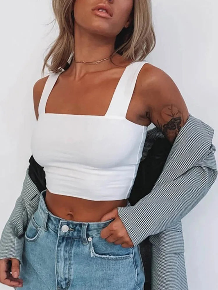 Blusa Cropped Verão | Decote Quadrado, Sem Mangas | Feminino Casual