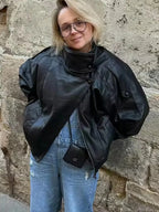 Jaqueta Feminina | Couro Sintético Preto, Oversized Streetwear