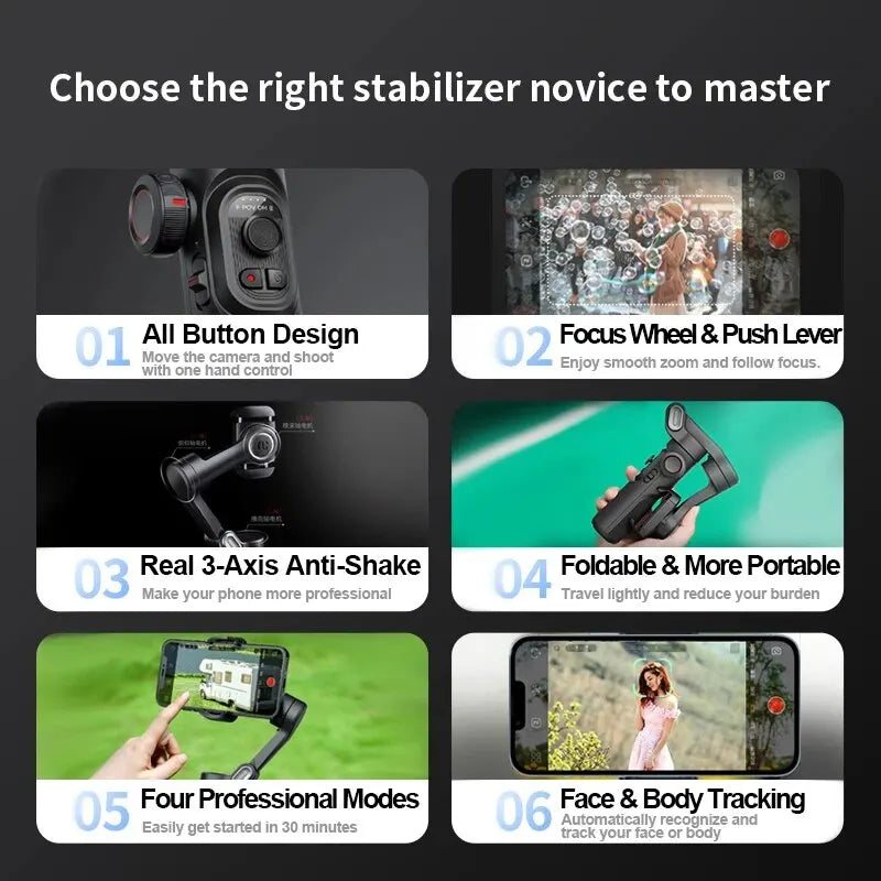 Sorrel | Gimbal Estabilizador Smartphone 3 Eixos | AI Tracking, Deteção Facial | Bluetooth, Leve
