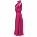 Vestido Midi Feminino Acinturado | Gola Alta Drapeada, Sem Mangas