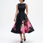 Eira | Vestido Midi Cocktail Preto Estampa Floral Sem Mangas