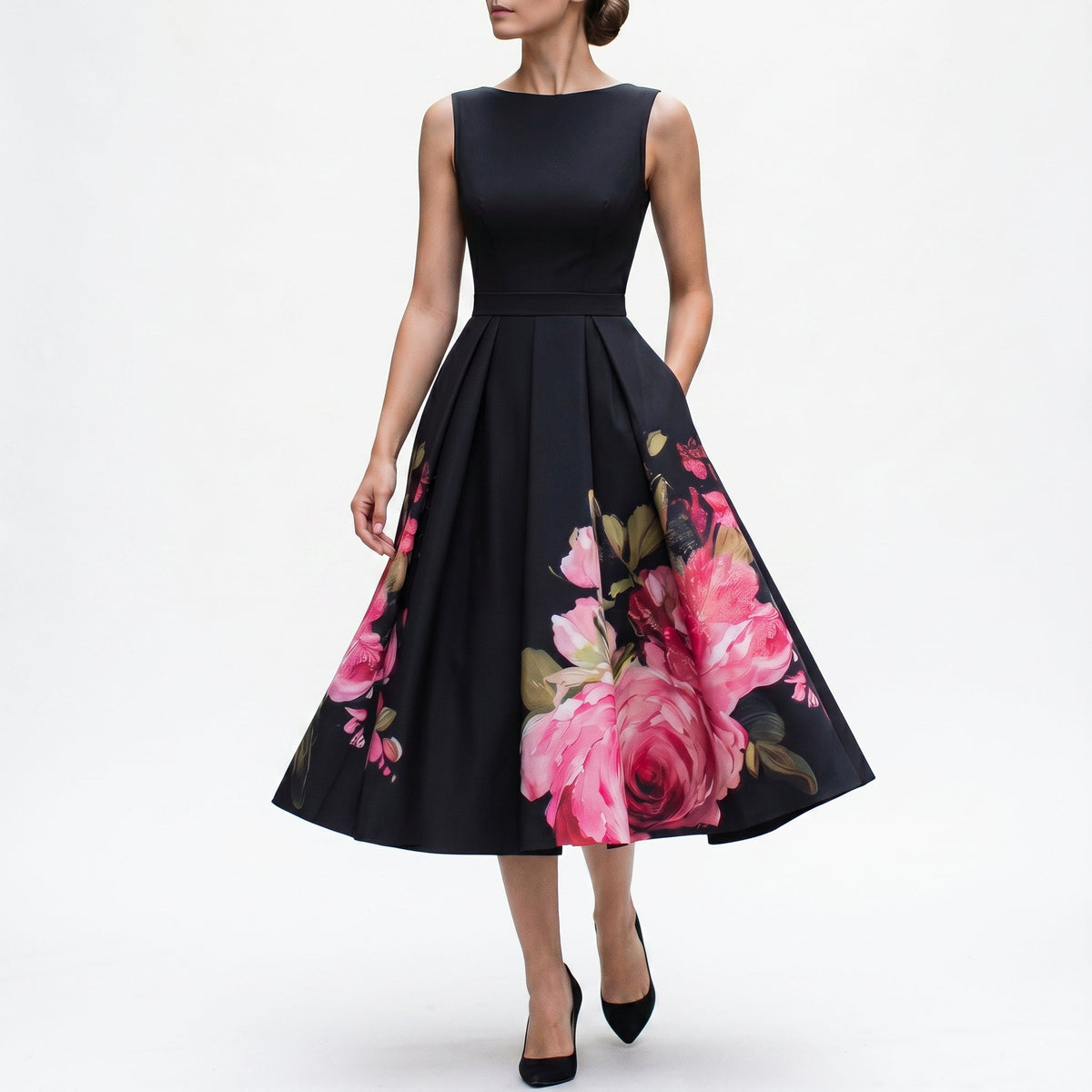 Eira | Vestido Midi Cocktail Preto Estampa Floral Sem Mangas